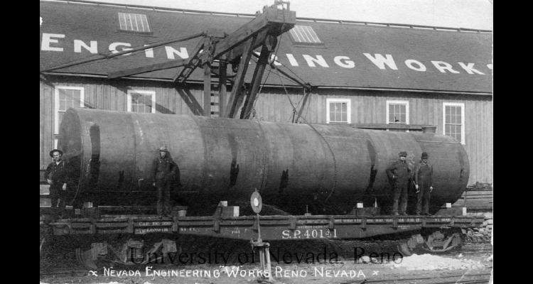 Workers pose in front of the Nevada Engineering Works, ca. 1912.